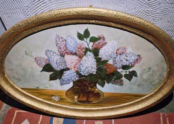 Obraz olejny F Guhlke 1948 bzy owalna rama 114cm x 77cm vintage olejna duży