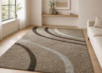 Elegancki dywan shaggy 240 × 333 cm – beżowo-brązowy, miękki, duży format