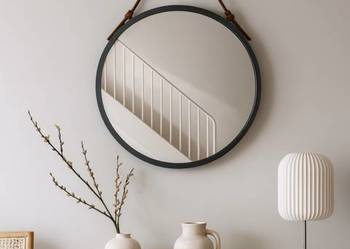 Lustro okrągłe w czarnej matowej ramie na brązowym skórzanym pasku - OTTO