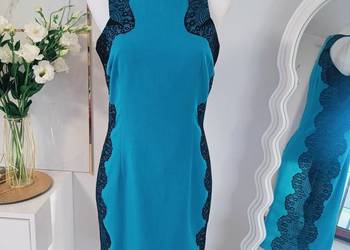 Reserved sukienka bodycon niebieska koronka midi S/M wesele