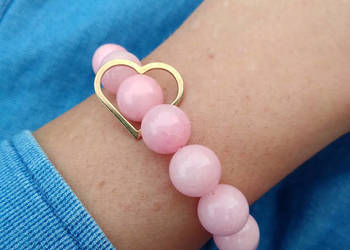 Bransoletka damska z Jadeitu różowego z zawieszką konturem serca