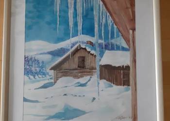 Akwarela Obraz w ramce 30x40cm, Sople zima, oryginał