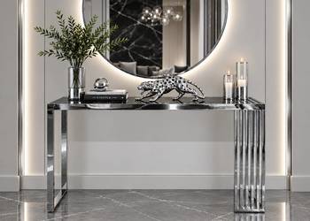 Srebrna konsola Silvera Glamour z czarnym blatem 120x40x78