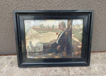 95 Mały oszklony obrazek Baluschek stara czarna ramka 29,5x22cm