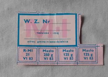 Kartka zaopatrzeniowa wzór M-I, czerwiec 1983 r. Oryginał z pieczątką.