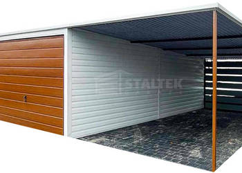 Garaż blaszany 6x6 + wiata 3,5 2x Brama uchylna drewnopodobny  ST113