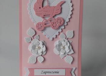 ZAPROSZENIA CHRZEST WÓZEK W SERCU C6 RÓŻ - BIEL