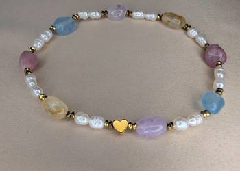 Bransoletka kamienie perły naturalne serduszko cytryn turmalin ametyst