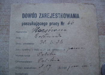 Starocie z PRL Stare dokumenty Dowód zarejestrowania poszukującego prac1947
