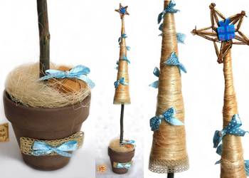 Choinka w doniczce, kokardki, ozdoba świąteczna, 65 cm