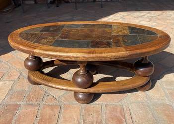 Ława Stolik vintage lity dąb, blat kamień naturalny łupek, tarasowy