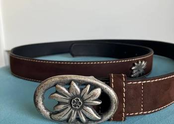 Piękny damski skórzany brazowy pasek Walbusch zamsz kwiaty vintage