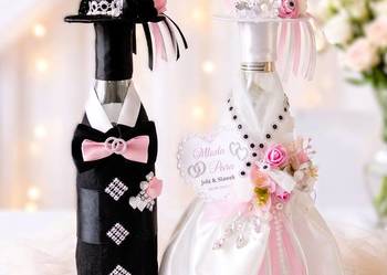 UBRANKA NA BUTELKI, ozdobione DEKORACJA OZDOBA ŚLUB, WESELE, WEDDING