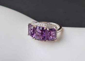 Pierścionek srebro 925 rodowane, ametysty afrykańskie i cyrkony naturalne