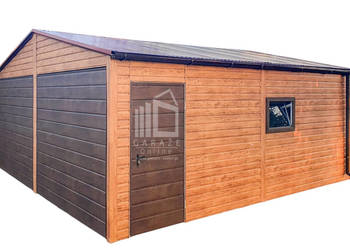 Garaż Blaszany 6x6m - 2x Brama Uchylna 2x Okna  Drzwi - Jasny Orzech  ID623
