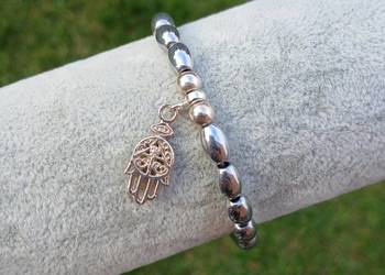 Bransoletka damska z Hematytu srebrnego łezki z Ręką Fatimy