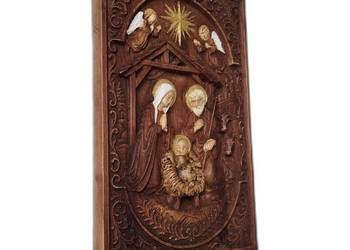 Szopka Bożonarodzeniowa drewno, płaskorzeźba Święta Rodzina ręcznie malowa…