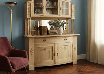 Dębowy Intarsjowany Kredens z Lustrem i Marmurowym blatem AntykiMarki.pl