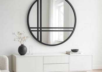 Lustro SHANTI LINEA – okrągłe loftowe ze szprosami w czarnej matowej ramie
