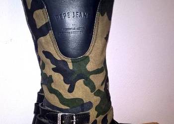 Pepe Jeans skórzane kozaki oficerki moro super warto