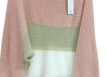 Stylowy ciepły sweter puszysty złota nitka -paski.-125 biust-róż