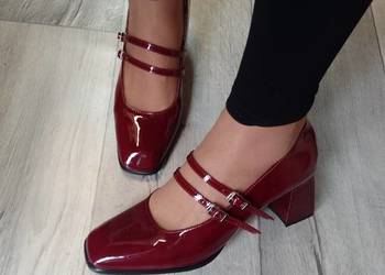 (41/42) Bordowe/ Burgundowe czółenka wieczorowe z zapięciem, NOWE