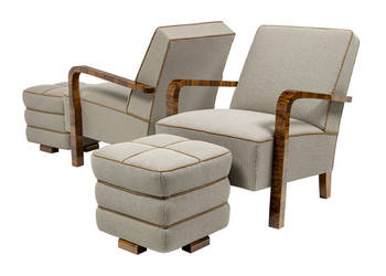 Komplet Art Deco / Modernizm: Dwa Fotele i Dwa Pufy Lata 30-40. XX w.