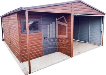 GARAŻ BLASZANY 5m x 6m dwuspadowy Brama + drzwi orzech ID108