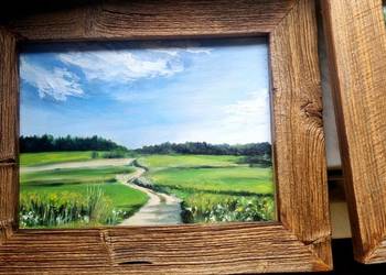 Obraz ręcznie malowany na desce "Łąki", droga 27x20cm