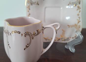 Haas&Czjzek H&C Chodau Różowa porcelana Duo filiżanka spodek Czechosłowacja