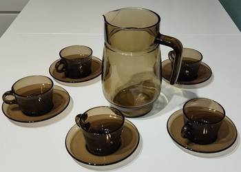 Dzbanek ciemne szkło + filiżanki i spodki Vereco