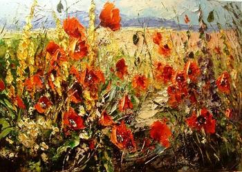 Kowalik - Maki VII - 70x50cm Obraz Olejny Impresja Szpachel Kwiaty Łąka