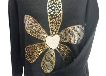 SWETER Bluzka BROKATOWY KWIAT ROZCIĄGLIWA czarna biust 108cm