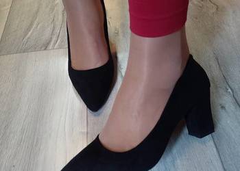 (39) Czarne, biznesowe czółenka wieczorowe na słupku, Nowe