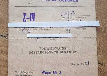 Pokwitowanie Dostarczonych Buraków 1987 r.
