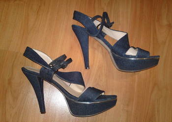 Sandały szpilki unikat na platformie koturnie jeans dżins 38