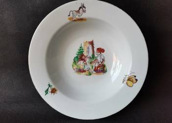 Stary talerz bajkowy Krasnoludek i Jeżyk porcelana dziecięca Włocławek, PRL