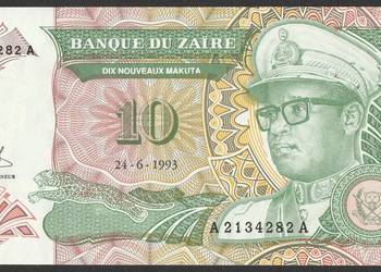 ZAIR 10 ZAIR NOWA MAKUTA 1993 - STAN BANKOWY UNC