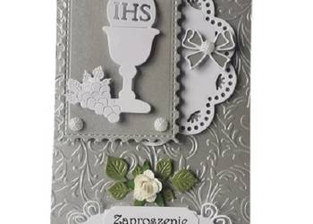 ZAPROSZENIA KOMUNIA UNIWERSALNE KIELICH W RAMCE – SERWETKA B6 SREBRO - BIEL