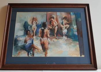 Obraz za szkłem pastel „Damy” sygnowany Franciszek Dziadek 1939-2011