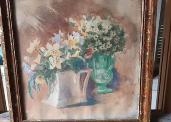 Akwarela Kwiaty w wazonach narcyze oraz bialy bez syg Emil Krcha wym 29x32