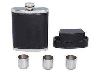 Elegancka Czarna Piersiówka Obszyta Skórą w Zestawie z Kieliszkami w Etui