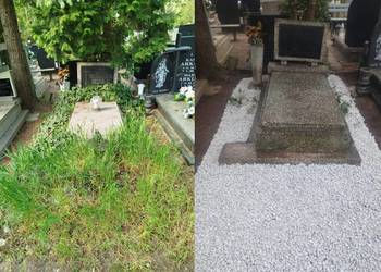 Kamyki wokół pomnika. Cmentarz, Oława, ozdobienie grobu kamyczkami