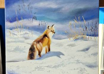 Lis, zimowy pejzaż, obraz olejny ręcznie malowany 30x30cm