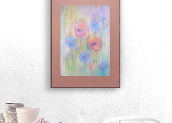 łąka rysunek 30x40, kwiaty rysunek pastelowy, obraz z łąką