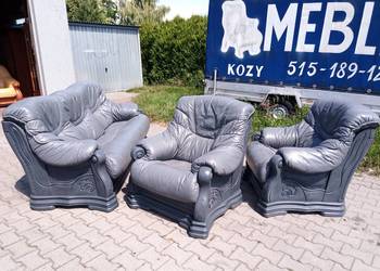 Komplet GREY Cały Szary 3+1+1 , Dąb - Skóra Szara