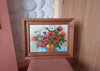 Śliczny obraz z buketem maków w drewnianej ramie 51cm x 41 cm !!