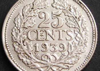 HOLANDIA 25 CENTIMES 1939 - KRÓLOWA WILHELMINA - SREBRO