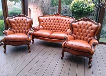 Sofa+ 2 fotele Ludwik/Barok Rzeźbiona Skóra Antyk