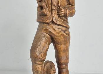 Wyjątkowa rzeźba w drewnie - Myśliwy / Wędrowiec z psem - 38 cm - Vintage